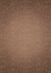 Hand-drawn unique abstract gold ornament on a light brown background, with vignette of darker background color and splatters of golden glitter. Paper texture. Digital artwork, A4. (pattern: p11-1e)