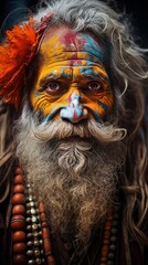 Portrait of a Sadhu with his colourful face painting. The holy men of Nepal who leave all of their material pleasures and worldly goods behind to devote themselves to God  - created with Generative AI - obrazy, fototapety, plakaty