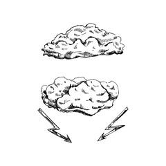 Hand-drawn black-and-white sketches of cloud and cloud with lightning on white background. Eco concept.