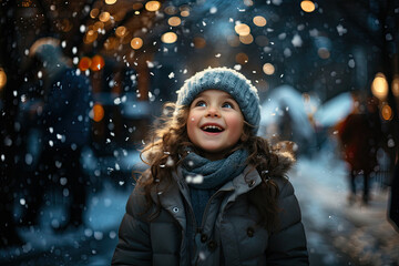 The child is happy about the falling first snow outdoor 