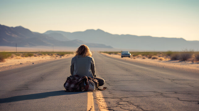 A young woman alone on a desert highway, struggling with worry and concern to change a flat tire, encapsulating a moment of unexpected challenge