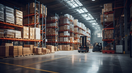 An empty warehouse aisle with neatly organized shelves filled with boxes, and a forklift standing by. A scene devoid of workers, highlighting efficiency and readiness - obrazy, fototapety, plakaty