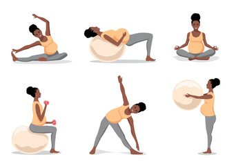 Cute beautiful pregnant woman is doing exercises with a fitball, stretching and relaxation. Sports during pregnancy. Set of vector illustrations.