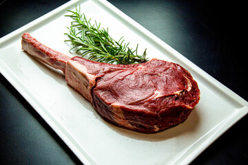 Bistecca Tomahawk, cruda su piatto bianco e fondo nero