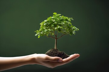 Tree in hand. Nurturing planet. Commitment to ecological care. Sustainability in action. Promoting environmental responsibility. Planting seeds of change green business vision