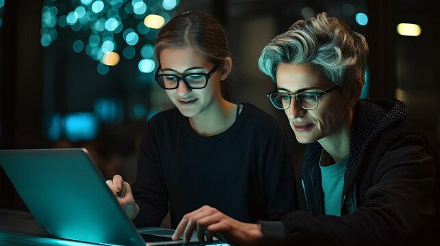 A senior employee helps a young novice to work with a laptop.