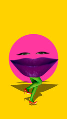 Meme emotions. Female legs in green tights with giants mouth and eyes over yellow background. Contemporary art collage. Concept of creativity, surrealism, artwork, imagination. Pop art design. Poster