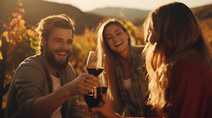 Friends toasting wine in a vineyard at daytime outdoors. Happy friends having fun outdoor. Young...