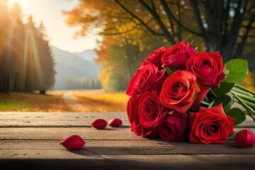 bouquet of roses on a wooden table