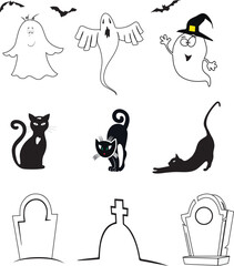 sketches of ghosts and black cats for halloween