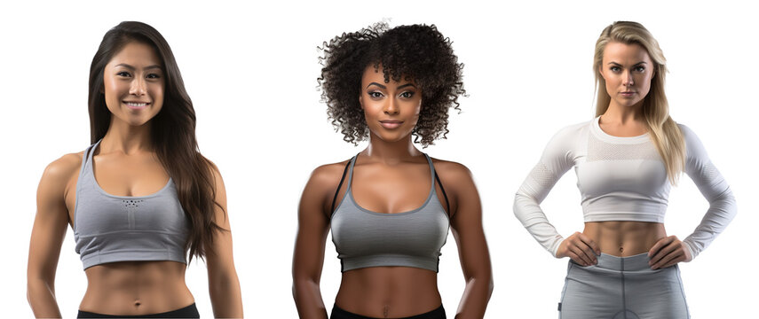 upper body of an enthusiastic Asian, Afro-American and Caucaisan female bodybuilder fitness trainer - ethnic diversity fitness training motivation concept. on transparent background.