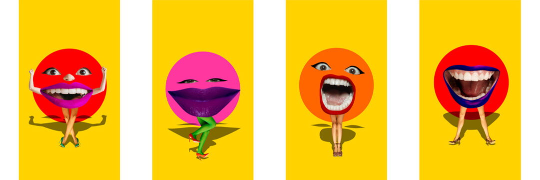 Set with female legs and mouth over colorful background. Contemporary art collage. Cheerful emotions. Concept of creativity, surrealism, artwork, imagination. Pop art design. Poster - Powered by Adobe