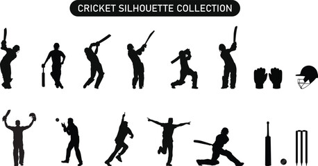 Collection of Cricket Players Silhouette. Silhouettes of Cricket Players and Cricket Elements, Cricket Poses Silhouette Batsman and Bowler - obrazy, fototapety, plakaty