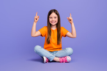 Full body photo preteen girl pupil indicate fingers up useful information promo sale tour agency ad...