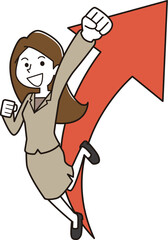 上昇する矢印とガッツポーズする女性