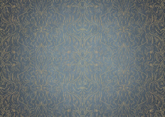 Hand-drawn unique abstract gold ornament on a light blue background, with vignette of darker background color and golden glittery sparks. Paper texture. Digital artwork, A4. (pattern: p11-1b)