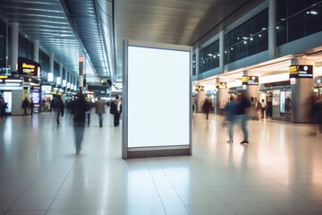 mockup white board at airport in background of blurred tourist people walking. Lifestyle concept for holidays and travel. - obrazy, fototapety, plakaty