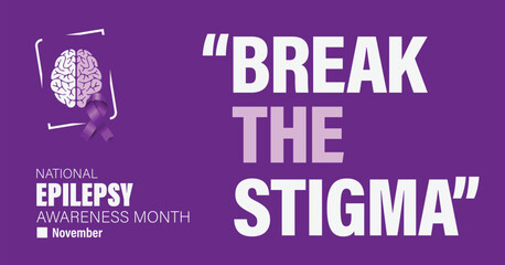 National epilepsy awareness month campaign observed in November banner. Features violet ribbon and brain illustration on plain background. - obrazy, fototapety, plakaty