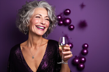 Happy Mature Woman with Grey Hair Holding a Glass of Champagne Celebrating New Years Party on a Purple Background with Space for Copy