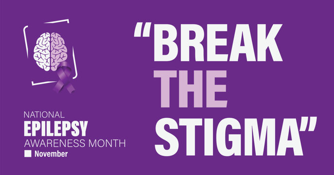 National epilepsy awareness month campaign observed in November banner. Features violet ribbon and brain illustration on plain background.