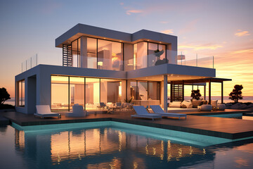 Fototapeta premium Exterior of modern minimalist cubic villa with swimming pool at sunset.