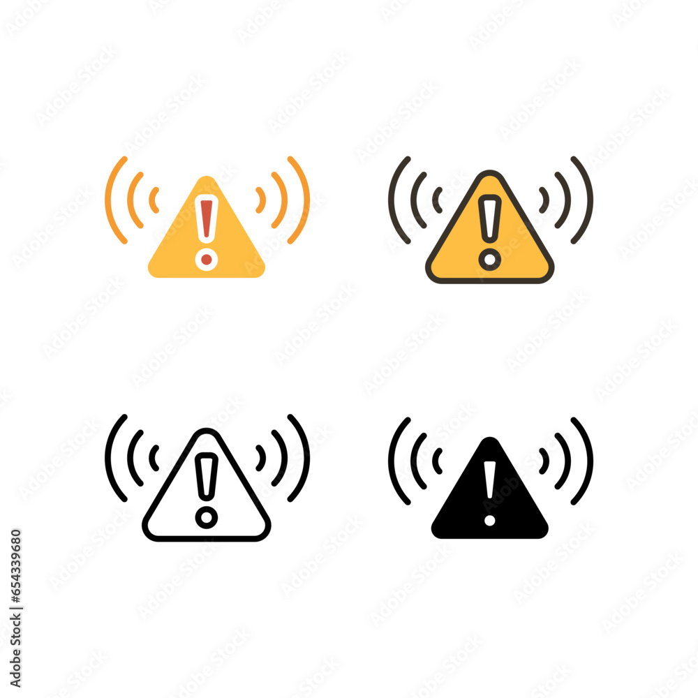 Wall mural Exclamation symbol in triangle badge with signal. Dangerous information for safety. Prohibit zone, precaution area. Alarm, ring, warning icon. Vector illustration. Design