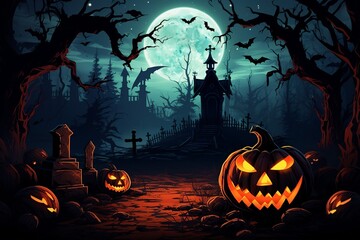 Fototapeta premium Mysterious Halloween Background with Moonlight, Pumpkins, and Ghostly Shadows, Eerie Halloween Night Scene with Spooky Moon and Haunted House