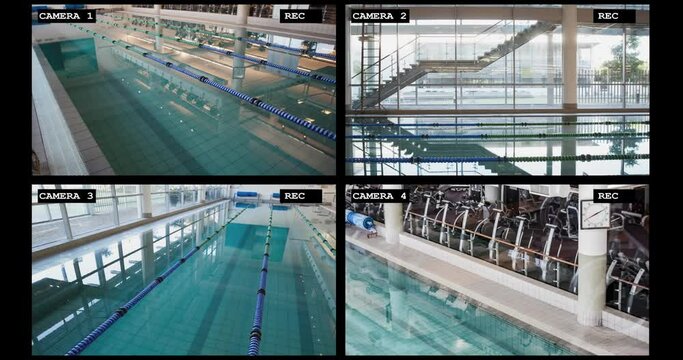 Four security camera views of large swimming pool sports facility interiors, slow motion