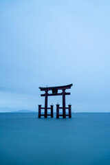 Japanese shrine Gate on the Lake Biwa. Long exposure