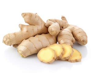 Fresh Ginger Root or Rhizome Cut-Out. Isolated on White Background. Aromatic Spice from China