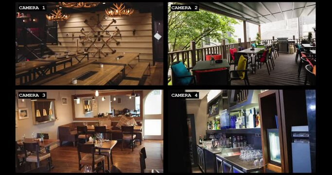 Four security camera views of restaurant and bar interiors and outside terrace, slow motion