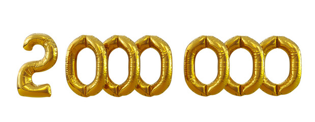 3D render of Golden 2M number balloons isolated on white background. 2 Million followers celebration.
