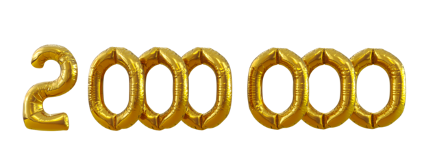3D render of Golden 2M number balloons isolated on white background. 2 Million followers celebration.