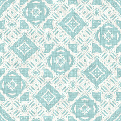 Teal aqua white vibrant watercolor batik azulejos tile background. Seamless coastal blur linen effect geometric mosaic effect.Boho Patchwork nautical masculine all over summer fashion repeat.