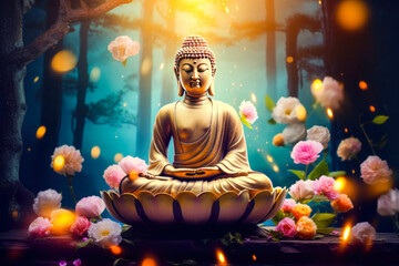 Golden Buddha statue with flowers in a garden at night. Meditation in lotus position. Spiritual zen God religion. - obrazy, fototapety, plakaty