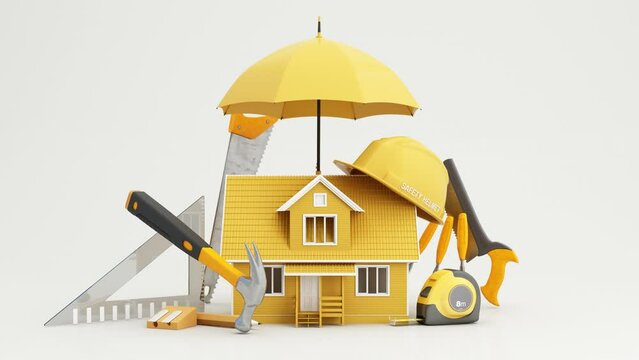 Concept of building a house and construction insurance or real estate insurance. Construction cost estimation and construction guarantee from contractors and labor. 3d render animation looping