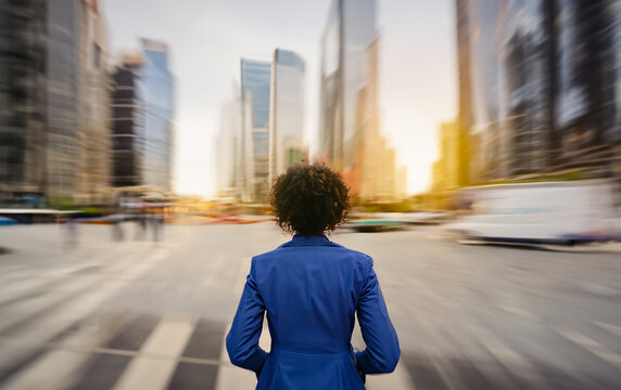 Mulher negra olhando para os desafios da vida urbana corporativa. Desafio da mulher negra no ambiente corporativo.