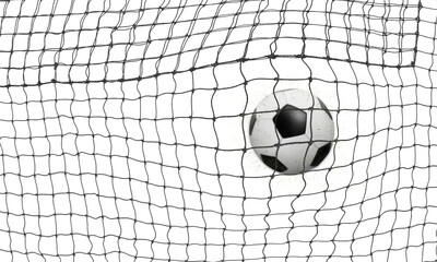 The soccer ball goes into the net and scores a goal. PNG transparent