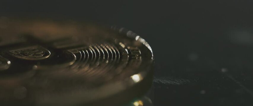Close-up detailed shot of a Bitcoin digital currency coin