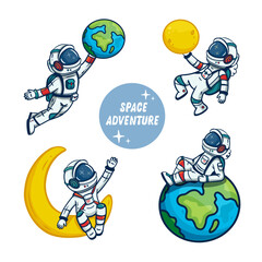 set of cartoon astronauts isolated on  white background. Doodle style, for book, magazines, print. Cosmonaut and earth, moon. Vector illustration
