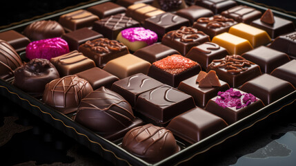 tray of different chocolates close up - obrazy, fototapety, plakaty