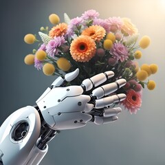 robot hands offering up a bouquet of flowers