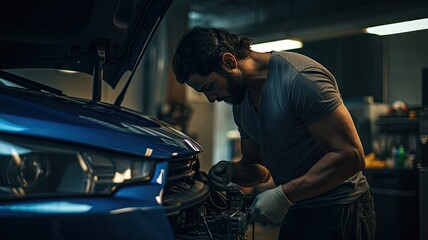 Mechanics changing car engine and tires with garage and showroom background. Group of repairman team working in the automotive workshop. - obrazy, fototapety, plakaty