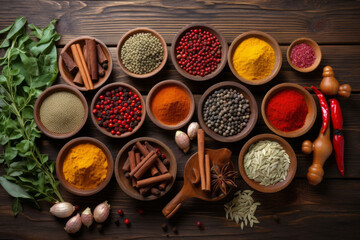 Fototapeta na wymiar Various spices arranged on a table. Generative AI