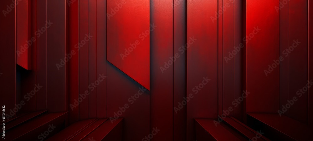 Poster Abstract dark red technology geometric 3d room texture wall with squares and rectangles background banner illustration with glowing lights, textured wallpaper.