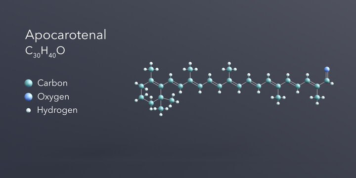 apocarotenal molecule 3d rendering, flat molecular structure with chemical formula and atoms color coding