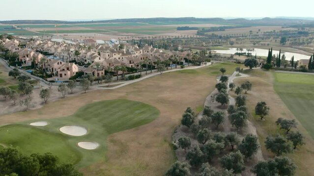 Drone point of view golf course. Costa Blanca, Spain. Sport and landscapes concept
