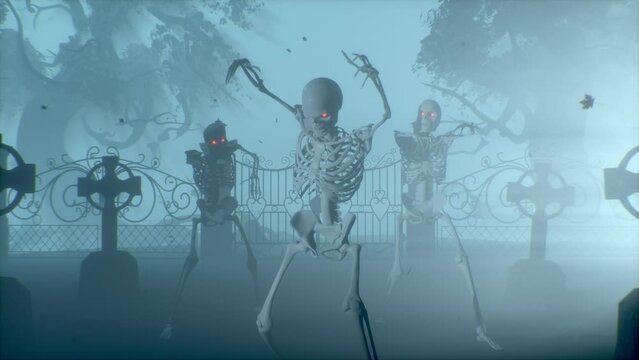 Attacking skeletons at night in the cemetery. Skeletons with red burning eyes in a graveyard in the fog. Halloween concept.