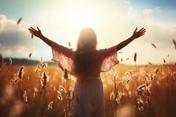young woman with open arms in a corn field during sunset with heavenly light. The girl turns her back to the camera. - obrazy, fototapety, plakaty