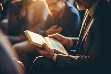Side view of an unrecognizable bearded senior man reading the bible next to a group of people. - obrazy, fototapety, plakaty